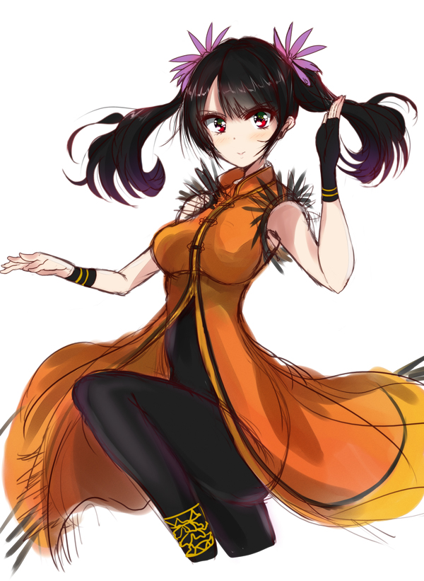 1girl arm_up bangs bare_shoulders black_bodysuit black_gloves black_hair blush bodysuit breasts china_dress chinese_clothes closed_mouth commentary_request dress eyebrows_visible_through_hair fingerless_gloves flower gloves hair_flower hair_ornament haru_(nature_life) ling_xiaoyu long_hair looking_at_viewer medium_breasts namco orange_dress purple_flower red_eyes simple_background single_glove sketch sleeveless sleeveless_dress smile solo standing standing_on_one_leg tekken tekken_7 twintails white_background