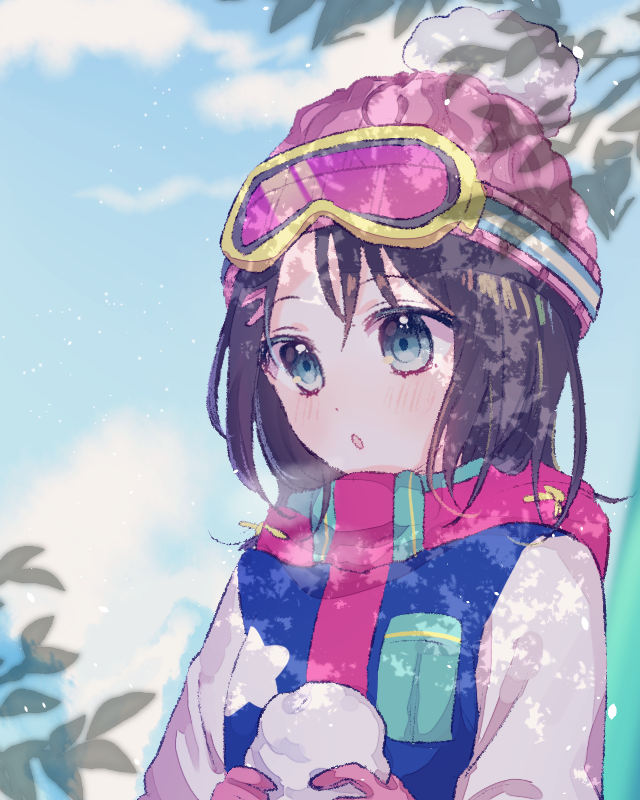 1girl :o bang_dream! bangs beanie black_hair blue_eyes blush breath coat day gloves goggles goggles_on_head hair_ornament hairclip hat medium_hair okusawa_misaki outdoors pink_gloves pink_hat pom_pom_(clothes) poyo_(shwjdddms249) scarf snow solo upper_body winter_clothes