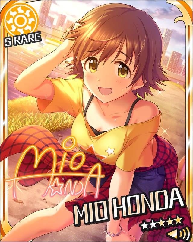 blush brown_eyes brown_hair character_name honda_mio idolmaster idolmaster_cinderella_girls shirt short_hair smile stars