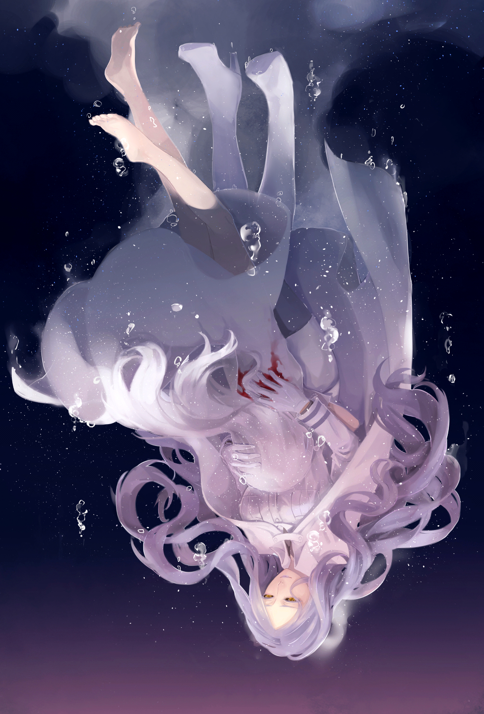 2girls alison34607 asphyxiation bare_legs barefoot belinda_(unlight) black_sclera blood bubble cape dress drowning floating_hair full_body gloves hand_on_another's_back hand_on_another's_head highres hug jacket long_hair long_sleeves looking_at_another multiple_girls purple_hair purple_lips short_sleeves sinking skirt smile underwater unlight water wavy_hair white_cape white_dress white_footwear white_gloves white_jacket white_legwear white_skirt yellow_eyes