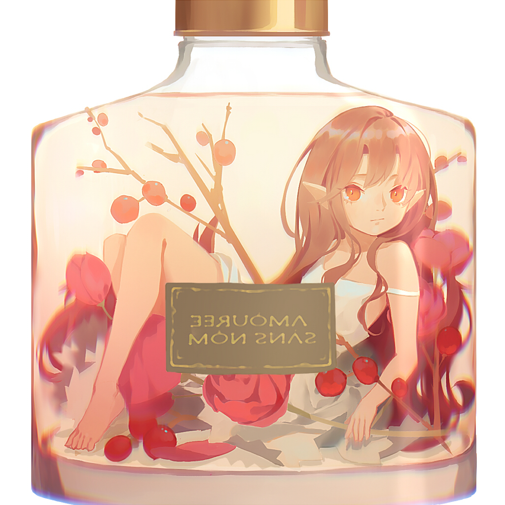 1girl bangs bare_shoulders barefoot blush bottle branch brown_hair closed_mouth collarbone dress echosdoodle eyebrows_visible_through_hair flower in_bottle in_container long_hair looking_at_viewer minigirl mirror_writing original pointy_ears red_eyes red_flower sign simple_background solo strap_slip transparent very_long_hair white_background white_dress