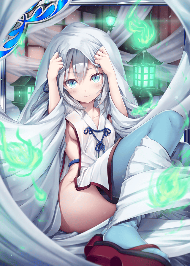 1girl akkijin blue_eyes blue_ribbon breasts card_(medium) curtains hair_ribbon hitodama indoors japanese_clothes lamp looking_at_viewer official_art ribbon sandals shinkai_no_valkyrie shy silver_hair sitting small_breasts soles thigh-highs wrapped