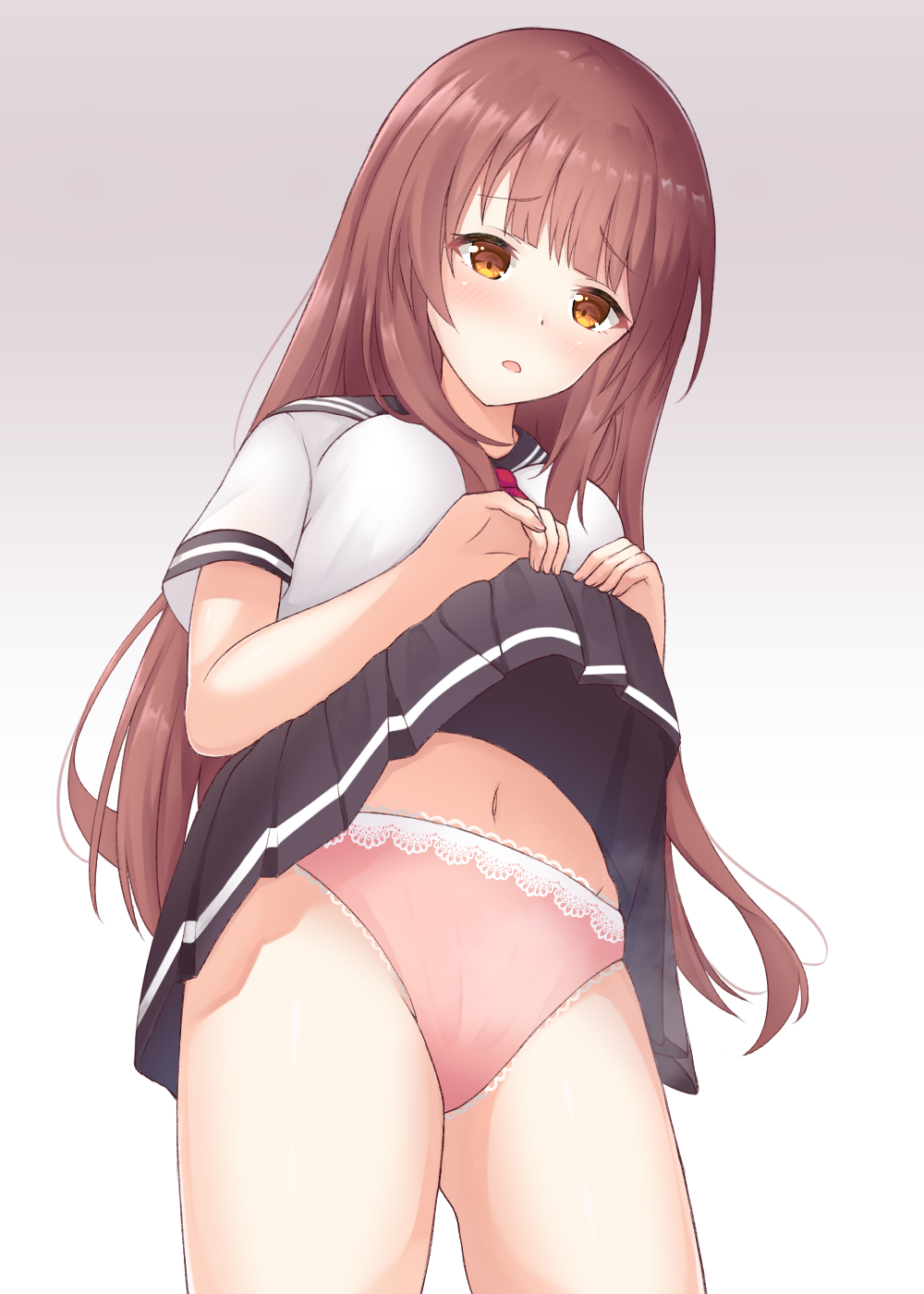 1girl bangs black_sailor_collar black_skirt blunt_bangs blush breasts brown_background brown_eyes brown_hair eyebrows_visible_through_hair fingernails from_below gradient gradient_background highres lifted_by_self long_hair looking_at_viewer looking_down medium_breasts navel original panties parted_lips pink_panties pleated_skirt sailor_collar school_uniform serafuku seventeen_(st17215) shirt short_sleeves skirt skirt_lift standing underwear very_long_hair white_background white_shirt