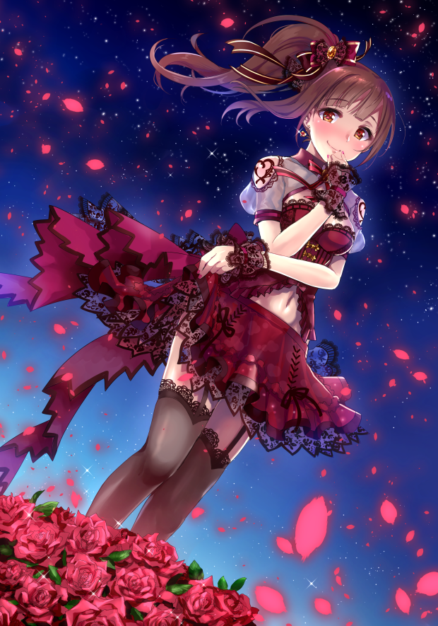 1girl bangs blush bow breasts brown_eyes brown_hair brown_ribbon closed_mouth dress field flower flower_field full-face_blush futou_ryouko garter_straps grey_legwear hair_bow hair_ribbon idolmaster idolmaster_cinderella_girls idolmaster_cinderella_girls_starlight_stage igarashi_kyouko looking_at_viewer navel night night_sky petals red_bow red_dress ribbon rose sash side_ponytail sky smile solo star_(sky) starry_sky thighs wrist_cuffs