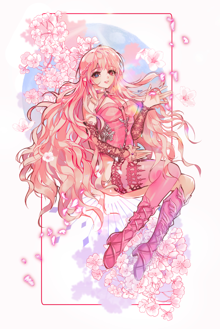 1girl artist_name bangs boots braid breasts curly_hair day detached_sleeves eyebrows_visible_through_hair flower heterochromia leotard long_hair looking_at_viewer mabinogi o-ring_belt ouka_(komine_shiro) parted_lips petals pink_footwear pink_hair pink_legwear pointy_ears side_braid sitting smile solo tbag thigh-highs thighs