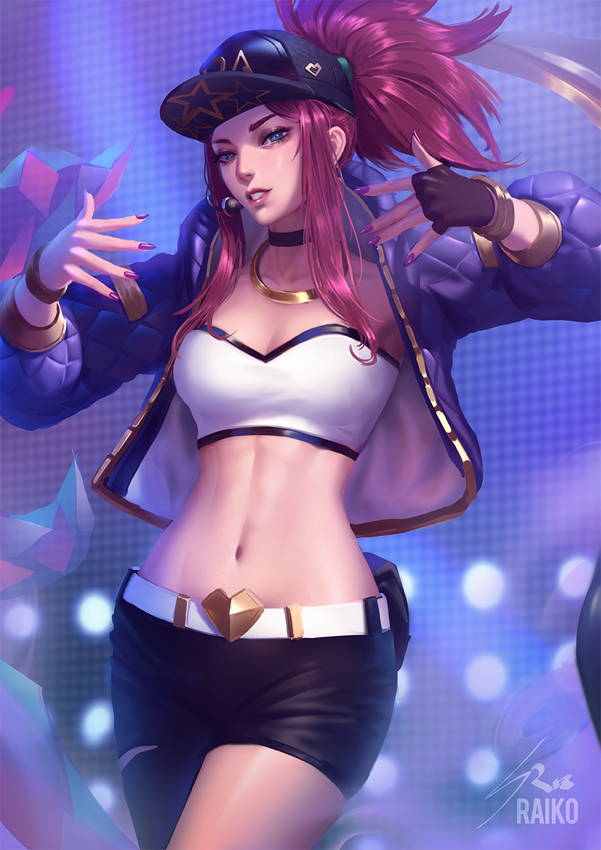 1girl akali artist_name asymmetrical_clothes asymmetrical_legwear bangle belt blue_eyes blurry blurry_background bracelet breasts choker cleavage cowboy_shot cropped_jacket fingerless_gloves gloves hat highres idol jacket jewelry k/da_(league_of_legends) k/da_akali league_of_legends lipstick looking_at_viewer makeup medium_breasts microphone midriff nail_polish navel necklace open_clothes open_jacket parted_lips ponytail raikoart redhead single_glove single_pantsleg solo strapless teeth tubetop