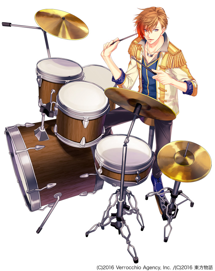 1boy blue_footwear brown_eyes brown_hair company_name copyright_request cymbals dated drum drum_set drumsticks epaulettes hi-hat instrument jewelry male_focus necklace official_art orange_hair pants sitting solo stool white_background yukikana