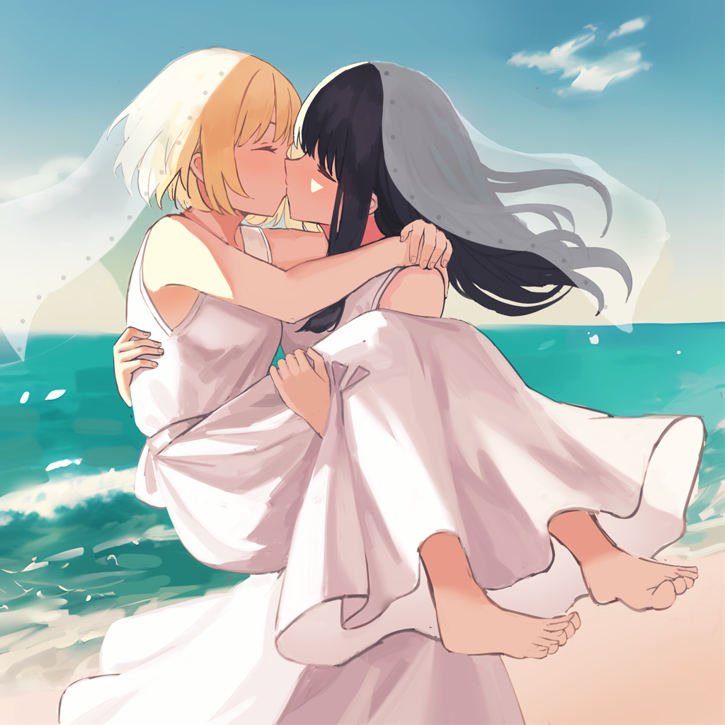 2girls barefoot beach black_hair blonde_hair blue_sky bridal_veil carrying closed_eyes clouds day dress feet inoue_takina kiss long_hair lycoris_recoil milktea_(gggrrr2000) multiple_girls nishikigi_chisato ocean outdoors princess_carry short_hair sky toes veil white_dress wife_and_wife yuri