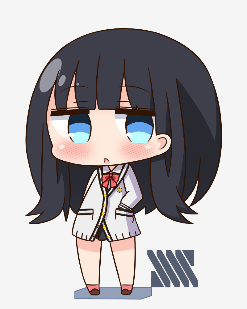 1girl :o bangs black_hair black_skirt blue_eyes blush bow bowtie brown_footwear cardigan chibi collared_shirt commentary_request eyebrows_visible_through_hair full_body grey_background hana_kazari hand_in_pocket long_hair looking_at_viewer miniskirt parted_lips pleated_skirt red_legwear red_neckwear shirt skirt socks solo ssss.gridman standing takarada_rikka white_cardigan white_shirt