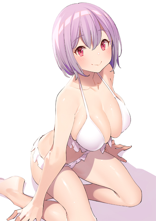 1girl bare_legs bikini blush breasts cleavage collarbone eyebrows_visible_through_hair large_breasts lavender_hair looking_at_viewer pop_kyun red_eyes shinjou_akane short_hair simple_background sitting smile solo ssss.gridman swimsuit white_background white_bikini yokozuwari