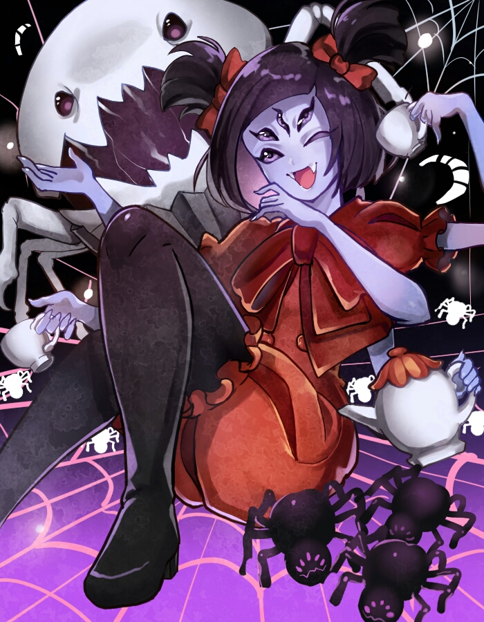 1girl black_background black_hair black_legwear bow bug cup dress extra_eyes fangs food hair_bow hand_up insect_girl looking_at_viewer monster_girl muffet muffet's_pet multiple_arms open_mouth pantyhose puffy_short_sleeves puffy_sleeves purple_skin red_bow red_dress ribbon short_hair short_sleeves short_twintails silk sitting smile solo spider spider_girl spider_web teacup teapot twintails two_side_up undertale