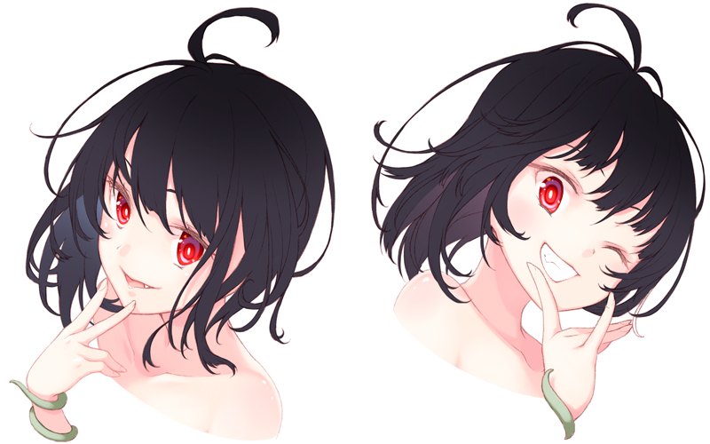 1girl ;) \n/ ahoge bangs black_hair collarbone fang floating_hair grin hand_up houjuu_nue midorino_eni multiple_views nude one_eye_closed parted_lips portrait red_eyes simple_background smile snake teeth touhou v white_background