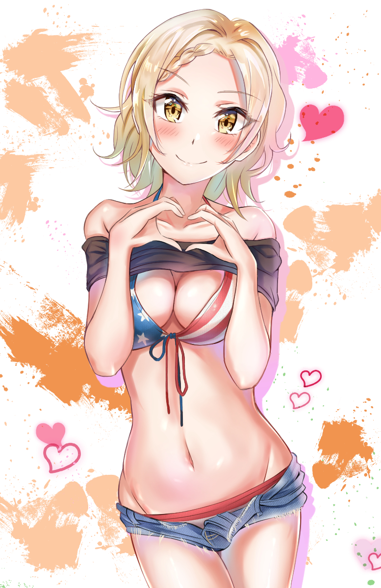 1girl american_flag_bikini arms_up bare_shoulders bikini blonde_hair blush braid breast_squeeze breasts cleavage denim denim_shorts eyebrows_visible_through_hair flag_print gyaru head_tilt heart heart_hands highres looking_at_viewer love_live! miyashita_ai navel perfect_dream_project shirt_lift shorts simple_background smile solo standing swimsuit yamamoto_chavez yellow_eyes