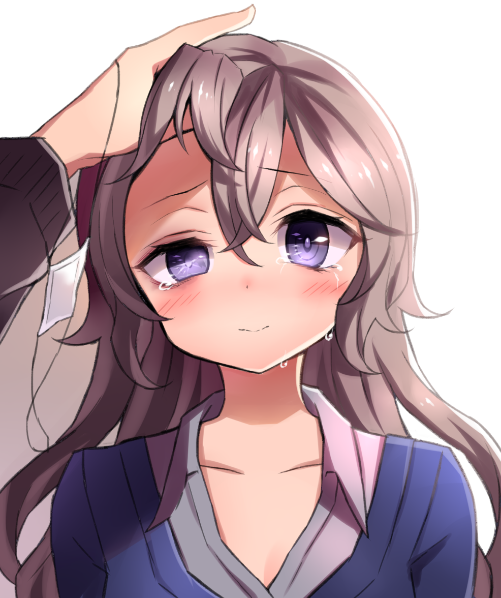 1girl blush brown_hair collarbone commentary_request eyepatch eyepatch_removed hair_between_eyes hand_on_another's_head long_hair long_sleeves looking_at_viewer medical_eyepatch neit_ni_sei nochise_karin original shadow smile sweater tears upper_body violet_eyes white_background