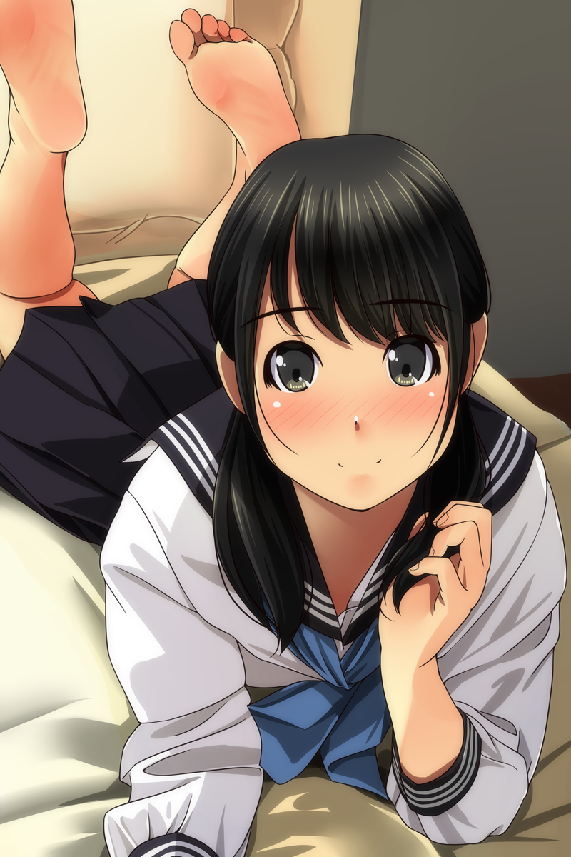 1girl barefoot black_hair black_sailor_collar black_skirt blue_bow blush bow brown_eyes closed_mouth commentary_request couch fingernails hair_over_shoulder hand_up highres holding holding_hair indoors legs_up long_hair long_sleeves low_twintails lying matsunaga_kouyou nose_blush on_couch on_stomach original pleated_skirt sailor_collar school_uniform serafuku shirt skirt smile soles solo twintails white_shirt