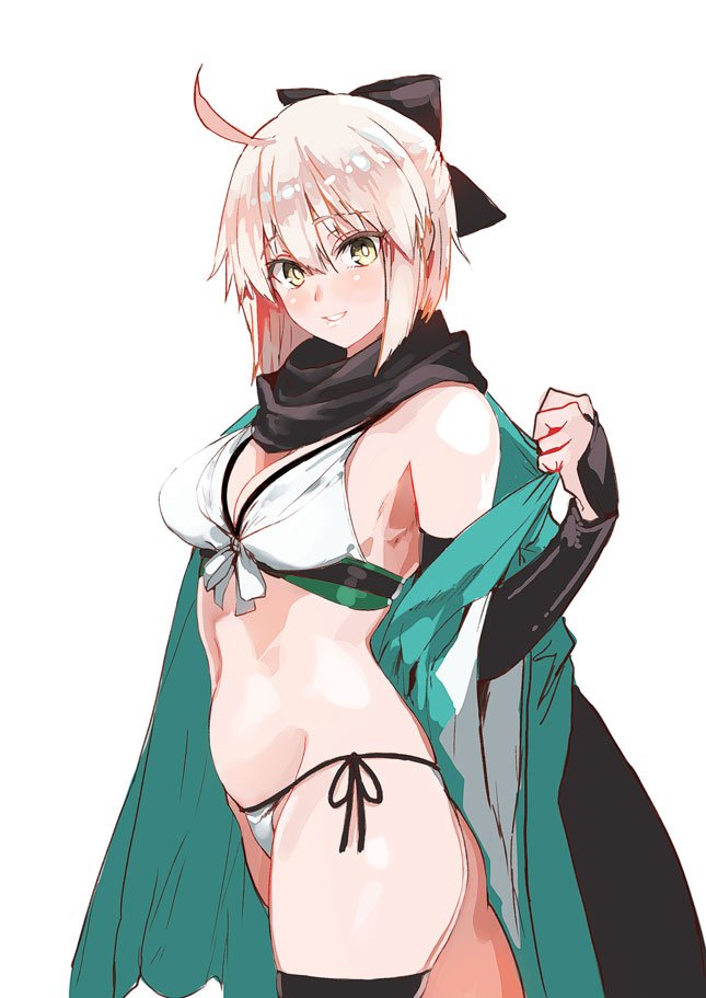 ahoge arm_guards bikini black_bow black_scarf bow breasts brown_eyes cleavage commentary_request eyebrows_visible_through_hair fate/grand_order fate_(series) green_kimono grin hair_between_eyes hair_bow half_updo japanese_clothes kimono large_breasts light_brown_hair okita_souji_(fate) okita_souji_(fate)_(all) ruuto_(sorufu) scarf side-tie_bikini sleeveless sleeveless_kimono smile swimsuit thigh-highs white_background white_bikini