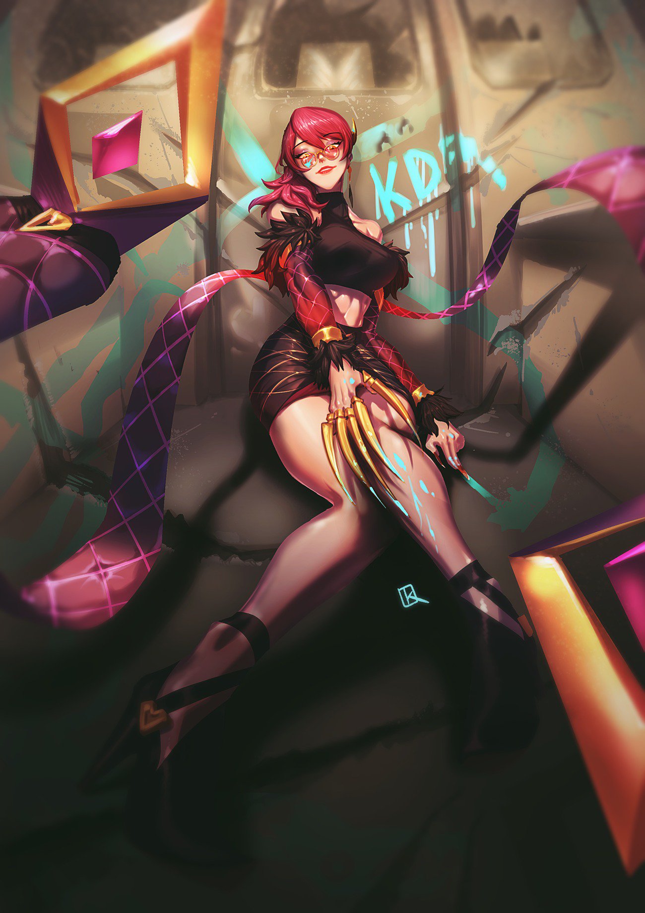 1girl breasts claws detached_sleeves evelynn full_body fur_trim ground_vehicle high_heels highres k/da_evelynn league_of_legends lipstick looking_at_viewer makeup medium_breasts midriff motor_vehicle purple_hair r8-18 sitting skirt sleeveless smile solo sunglasses van yellow_eyes