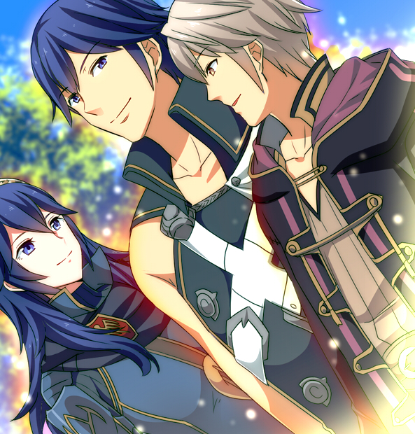 1girl 2boys :d blue_eyes blue_hair blue_sky blurry blurry_background brown_eyes collarbone day dutch_angle eye_contact fire_emblem fire_emblem:_kakusei krom long_hair looking_at_another lucina male_my_unit_(fire_emblem:_kakusei) mejiro multiple_boys my_unit_(fire_emblem:_kakusei) nintendo open_mouth outdoors silver_hair sky sleeveless smile