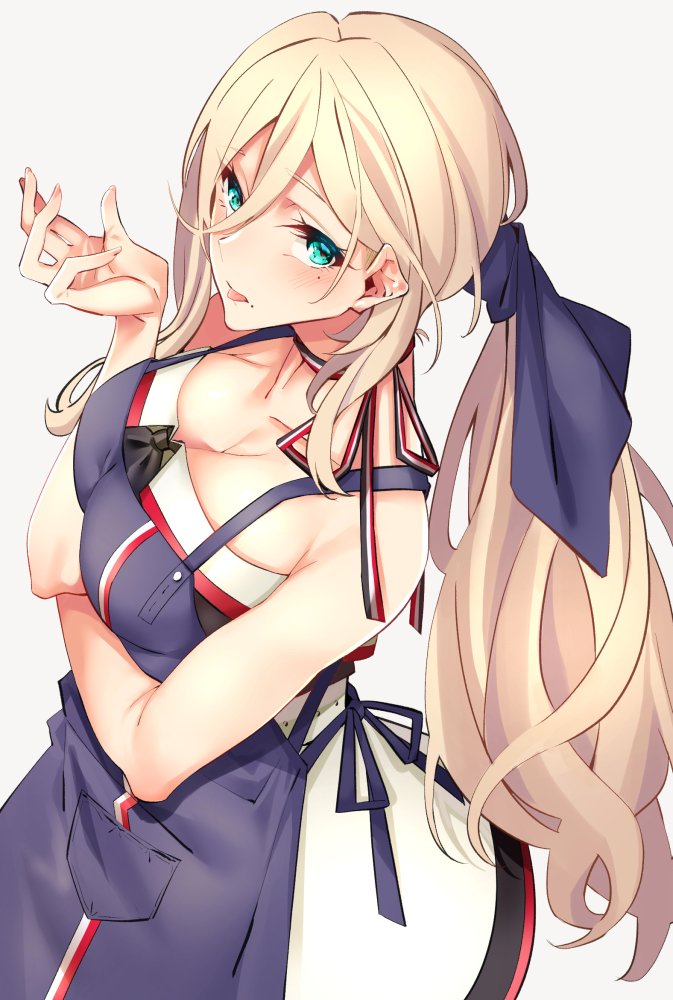 1girl apron aqua_eyes asakawa_(outeq) bare_shoulders belt blonde_hair blue_bow bow breasts cleavage collarbone commentary dress eyebrows_visible_through_hair grey_background hair_between_eyes hair_bow hair_over_shoulder kantai_collection long_hair looking_at_viewer low_ponytail mole mole_under_eye mole_under_mouth richelieu_(kantai_collection) sidelocks simple_background solo strapless strapless_dress tongue tongue_out white_dress