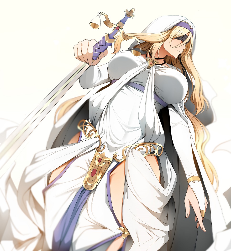 1girl bangs black_blindfold blindfold blonde_hair breasts bridal_gauntlets cloak dress dutch_angle facing_away goblin_slayer! gold_trim groin habit holding holding_sword holding_weapon jewelry large_breasts long_hair navel necklace pelvic_curtain ryu_jiao sidelocks simple_background solo sword sword_maiden underbust very_long_hair weapon white_background white_cloak white_dress