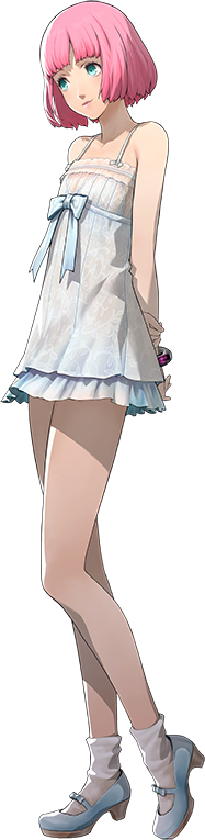 1girl arms_behind_back atlus bow bracelet catherine:_full_body catherine_(game) flat_chest full_body green_eyes high_heels jewelry looking_at_viewer nightgown official_art petite pink_hair rin_(catherine) simple_background smile socks soejima_shigenori solo white_background white_legwear