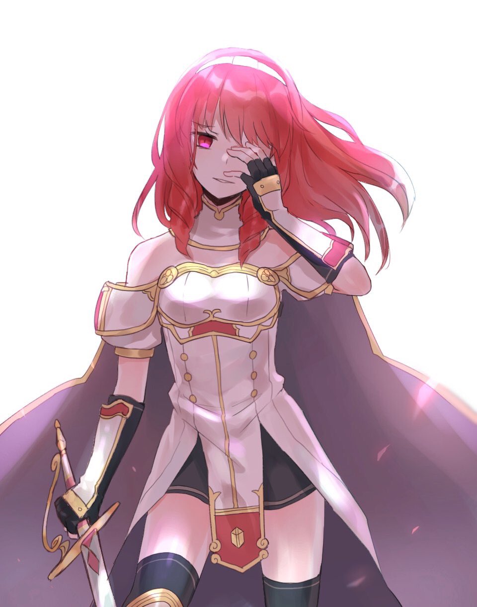 1girl arm_guards black_gloves breastplate cape celica_(fire_emblem) detached_collar dress fingerless_gloves fire_emblem fire_emblem_echoes:_mou_hitori_no_eiyuuou gloves hand_on_own_face highres holding holding_sword holding_weapon long_hair nintendo parted_lips red_eyes redhead repu_(rep_sha) simple_background solo sword thigh-highs weapon white_background zettai_ryouiki