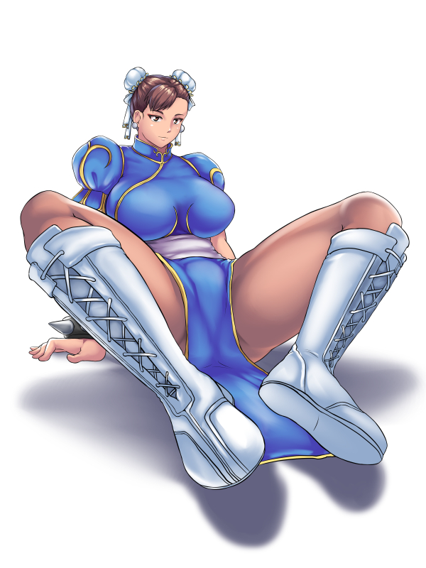 1girl akune_tanuru blue_dress boots bracelet breasts brown_eyes brown_hair brown_legwear bun_cover capcom china_dress chinese_clothes chun-li commentary_request cross-laced_footwear double_bun dress earrings eyeshadow hair_bun jewelry lace-up_boots large_breasts looking_at_viewer makeup pantyhose pixiv puffy_short_sleeves puffy_sleeves shadow short_sleeves sitting solo spiked_bracelet spikes spread_legs street_fighter thick_thighs thighs white_background white_footwear