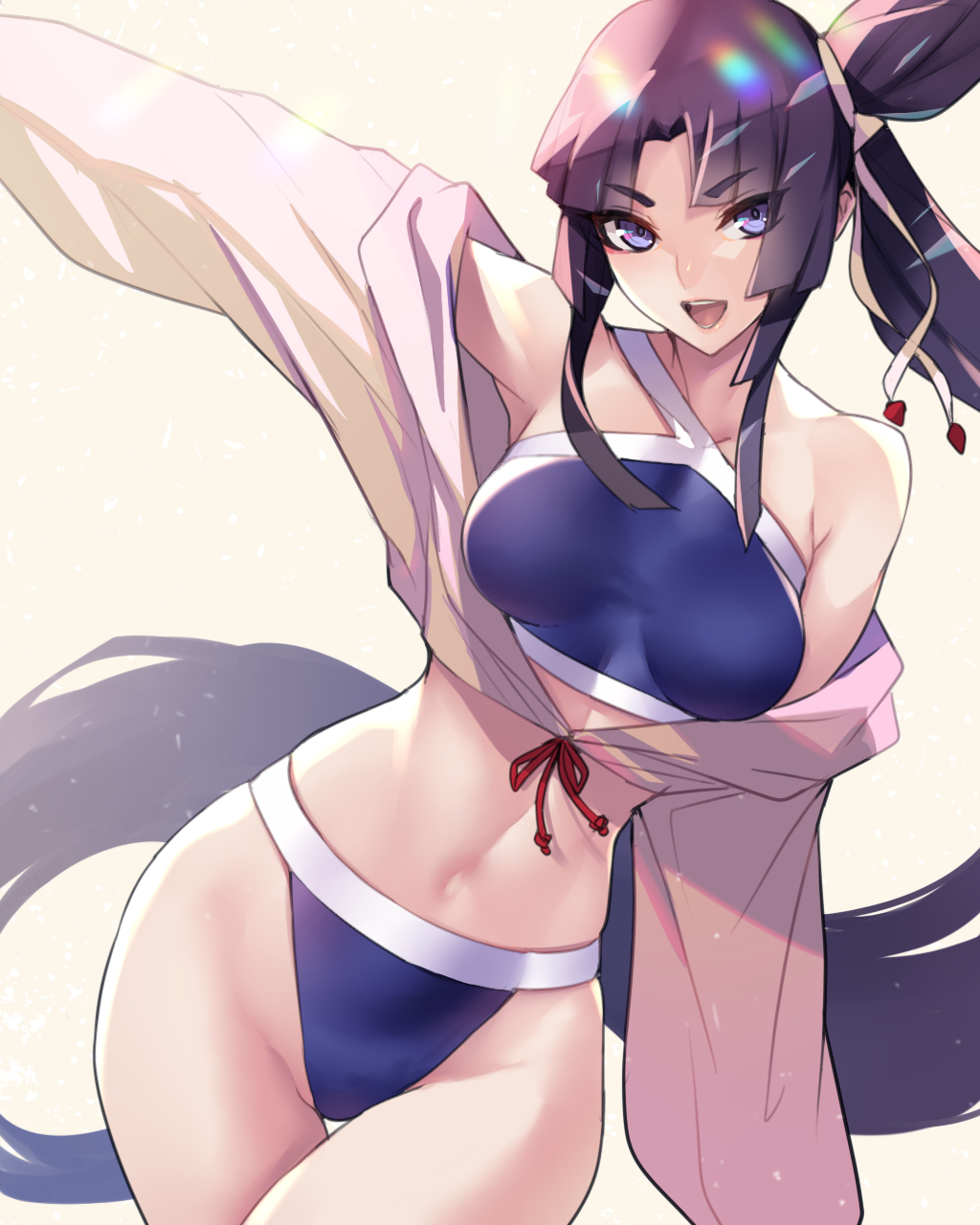 1girl ban bangs bare_shoulders bikini black_hair blue_bikini blue_eyes blunt_bangs breasts collarbone cropped_jacket fate/grand_order fate_(series) groin hair_bun hair_ribbon highres hips jacket jacket_over_swimsuit long_hair long_sleeves looking_at_viewer medium_breasts midriff navel off_shoulder open_mouth parted_bangs ribbon side_ponytail simple_background smile solo swimsuit thigh_gap thighs ushiwakamaru_(fate/grand_order) ushiwakamaru_(swimsuit_assassin)_(fate) very_long_hair waist yellow_jacket