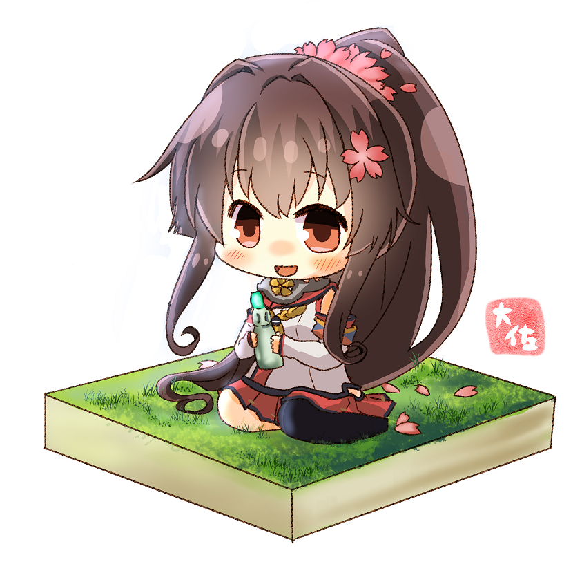 1girl :d artist_name bare_shoulders black_legwear blush bottle brown_eyes brown_hair detached_sleeves flower hair_flower hair_ornament holding holding_bottle kantai_collection long_hair long_sleeves open_mouth petals pink_flower ponytail ramune simple_background single_thighhigh smile solo taisa_(kari) thigh-highs very_long_hair white_background yamato_(kantai_collection) z_flag