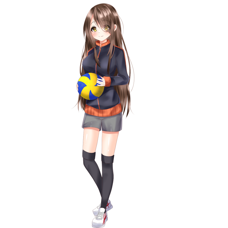 1girl ball bangs black_jacket black_legwear blush breasts brown_eyes brown_hair closed_mouth commentary_request eyebrows_visible_through_hair eyes_visible_through_hair full_body grey_shorts hair_over_one_eye holding holding_ball jacket long_hair long_sleeves misaki_(misaki86) official_art rakkami! shoes short_shorts shorts sleeves_past_wrists small_breasts smile solo standing tachi-e thigh-highs transparent_background very_long_hair white_footwear