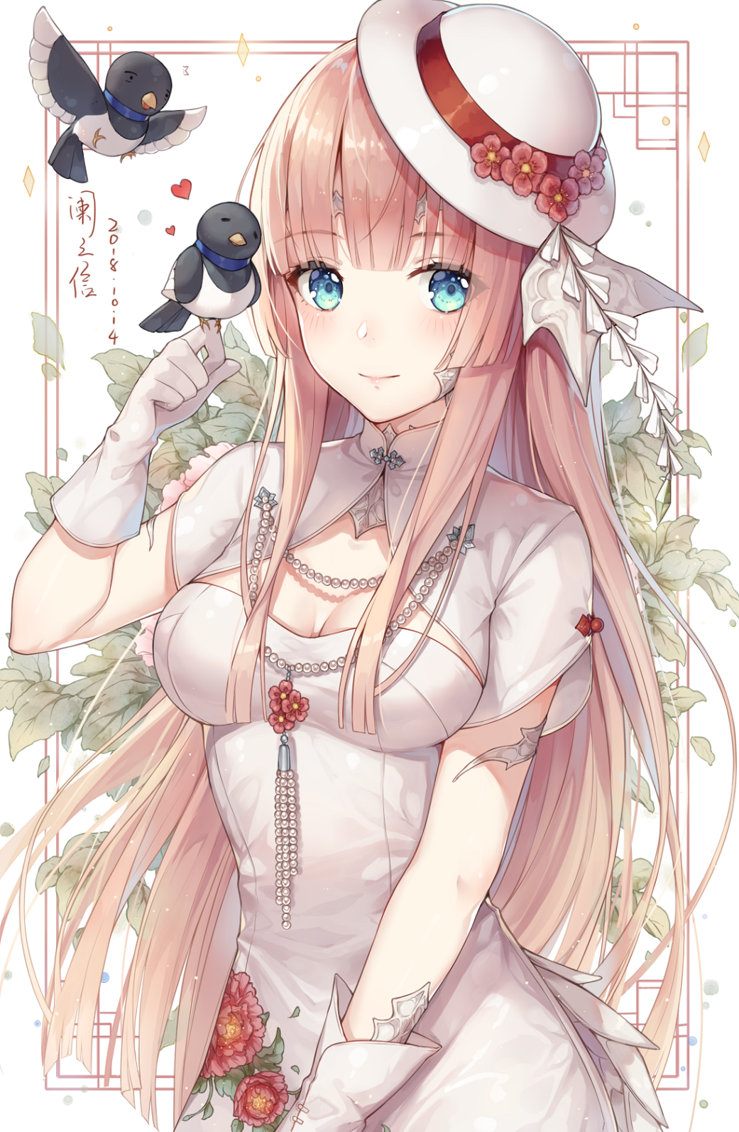 1girl artist_name ayuanlv bangs blue_eyes blush breasts character_request cleavage dated dress eyebrows eyebrows_visible_through_hair final_fantasy final_fantasy_xiv floral_background floral_print flower_ornament gloves hat highres light_smile long_hair medium_breasts pink_hair sidelocks smile turtleneck upper_body