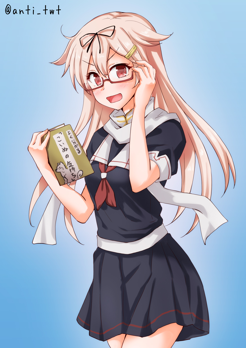 1girl anti_(untea9) artist_name black_skirt blonde_hair blue_background blush book breasts eyebrows_visible_through_hair highres holding holding_book kantai_collection long_hair looking_at_viewer medium_breasts parted_lips red-framed_eyewear red_eyes semi-rimless_eyewear simple_background skirt smile solo twitter_username under-rim_eyewear yuudachi_(kantai_collection)