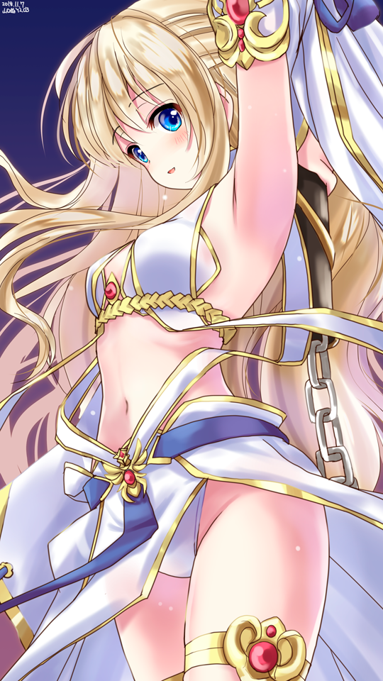 1girl alternate_costume arm_at_side arm_up armpits bangs bare_shoulders blonde_hair blue_eyes blush breasts chains contrapposto cowboy_shot dated detached_sleeves eyebrows_visible_through_hair goblin_slayer! gradient gradient_background groin half_updo light_smile long_hair long_sleeves looking_at_viewer navel panties parted_lips pelvic_curtain priestess_(goblin_slayer!) revealing_clothes sidelocks simple_background skirt small_breasts solo standing thighs underwear very_long_hair white_panties wide_sleeves yamaguchi_yuu
