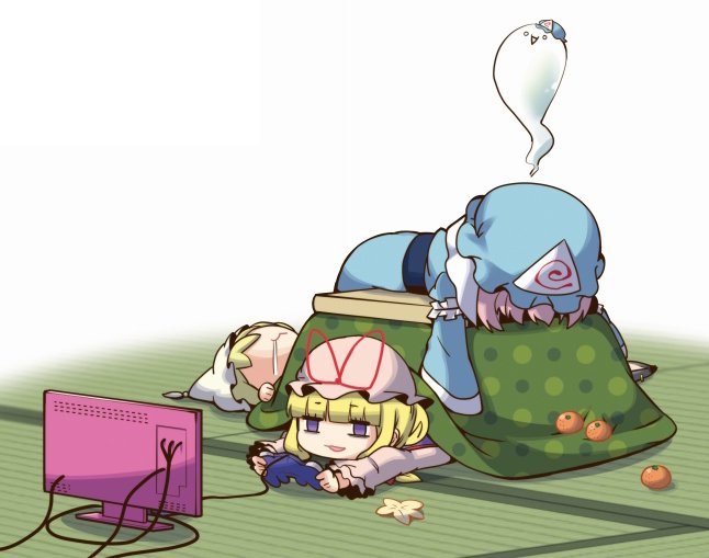 3girls :3 blonde_hair blue_hat blue_kimono chibi commentary_request controller drooling food fruit game_controller giving_up_the_ghost hat hat_ribbon holding holding_controller japanese_clothes kapuchii kimono kotatsu lying mandarin_orange mob_cap monitor multiple_girls on_stomach pink_hair playing_games red_ribbon ribbon saigyouji_yuyuko sleeves_past_fingers sleeves_past_wrists table tatami touhou triangular_headpiece violet_eyes white_background yakumo_ran yakumo_yukari