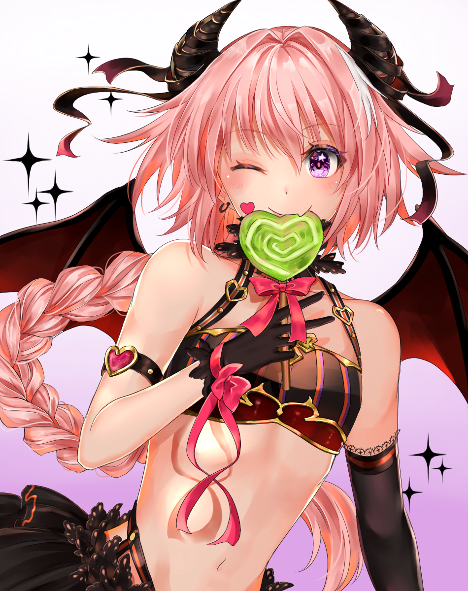 1boy arm_strap astolfo_(fate) asymmetrical_gloves azaka_(rionrita) bangs bare_shoulders black_gloves black_ribbon black_skirt blush bow braid closed_mouth cookie demon_horns demon_wings earrings fang fate/apocrypha fate_(series) food gloves gradient gradient_background hair_between_eyes hair_intakes hair_ribbon highres horns jewelry long_braid long_hair looking_at_viewer male_focus mouth_hold multicolored_hair navel one_eye_closed otoko_no_ko pink_bow pink_hair ribbon single_braid skirt smile solo sparkle violet_eyes waist wings