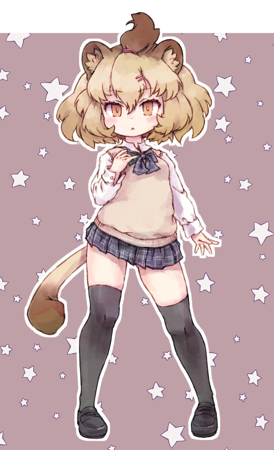 1girl :&lt; alternate_costume animal_ears black_legwear blonde_hair bow bowtie brown_hair collared_shirt commentary_request contemporary eyebrows_visible_through_hair full_body hairband highres kemono_friends kolshica lion_(kemono_friends) lion_ears lion_tail loafers long_sleeves multicolored_hair plaid plaid_skirt pleated_skirt school_uniform shirt shoes short_hair skirt solo tail thigh-highs vest yellow_eyes zettai_ryouiki