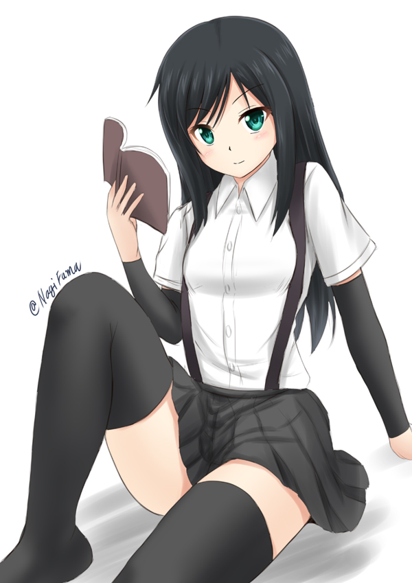 1girl arm_warmers asashio_(kantai_collection) black_hair black_legwear blue_eyes book breasts fuuma_nagi hair_between_eyes kantai_collection long_hair looking_at_viewer pleated_skirt reading school_uniform shadow shirt short_sleeves simple_background sitting skirt small_breasts solo suspenders thigh-highs white_background white_shirt