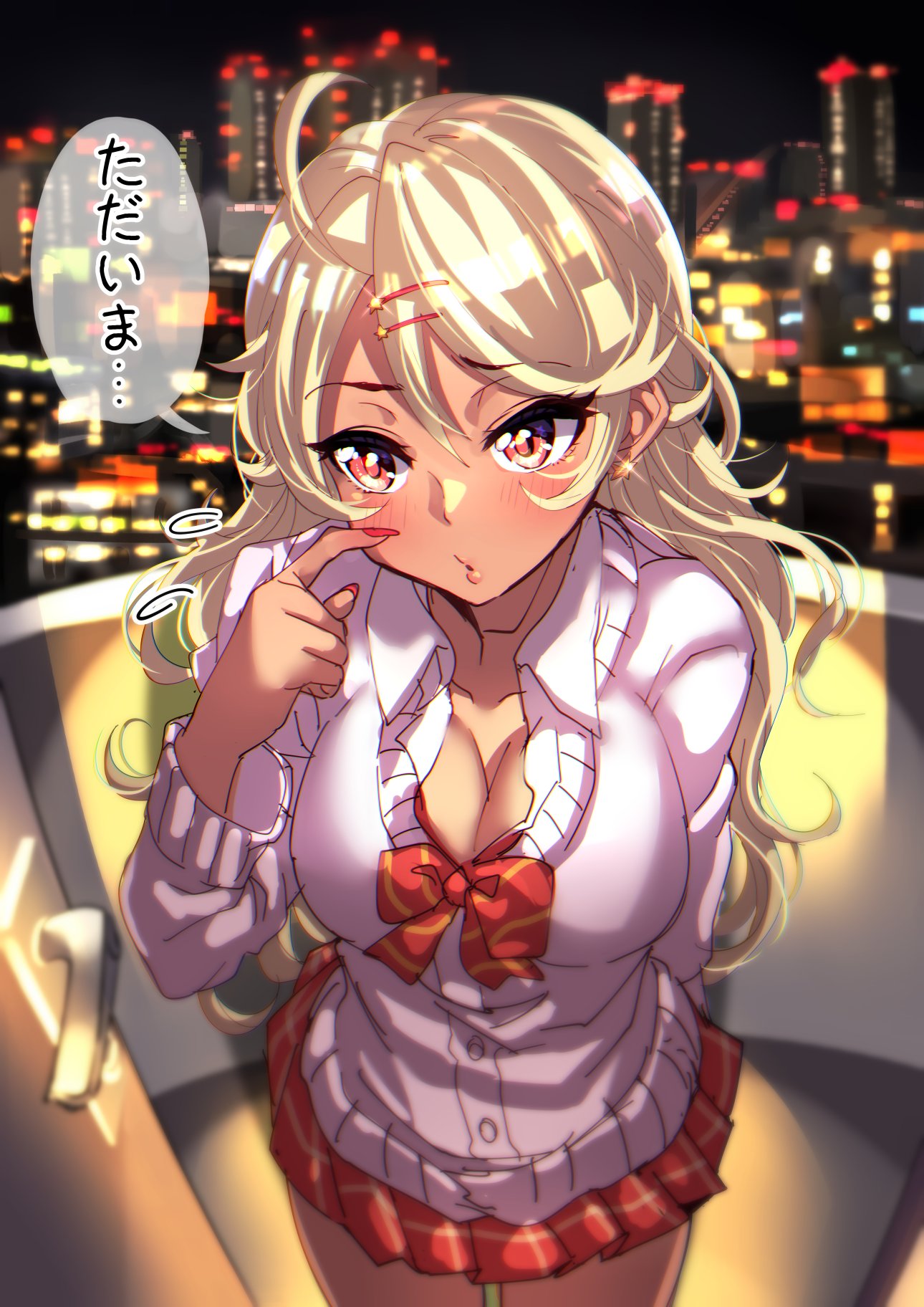 1girl ahoge amaryllis blonde_hair bow breasts cardigan cityscape cleavage collared_shirt commentary_request cowboy_shot dress_shirt earrings entrance facing_viewer flying_sweatdrops gyaru highres jewelry large_bow long_hair night open_door ouga_saki partially_unbuttoned red_eyes school_uniform scratching_cheek shirt star star_earrings tdnd-96