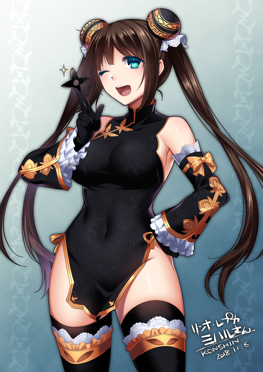 1girl 2018 ;d artist_name bare_shoulders black_dress black_gloves black_legwear blue_background blue_eyes blush breasts character_request china_dress chinese_clothes covered_navel dated detached_sleeves double_bun dress eyebrows_visible_through_hair frilled_sleeves frills gloves gradient gradient_background hand_on_hip head_tilt highres konshin large_breasts long_hair long_sleeves number one_eye_closed open_mouth phantasy_star phantasy_star_online_2 shuriken smile solo sparkle standing thigh-highs twintails very_long_hair