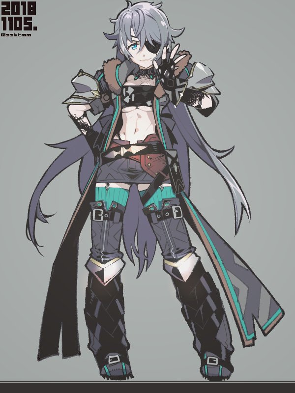 1girl armor curly_hair eyepatch fingerless_gloves fujimoto_hideaki genderswap genderswap_(mtf) gloves jacket long_hair navel nintendo silver_hair skirt smile solo xenoblade_(series) xenoblade_2 zeke_b_arutimetto_genbu