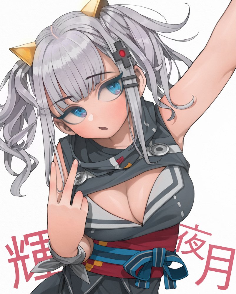 1girl arm_up blue_eyes breasts cleavage cleavage_cutout hair_ornament hairclip kaguya_luna kaguya_luna_(character) open_mouth rabbit_(wlsdnjs950) silver_hair solo twintails v virtual_youtuber