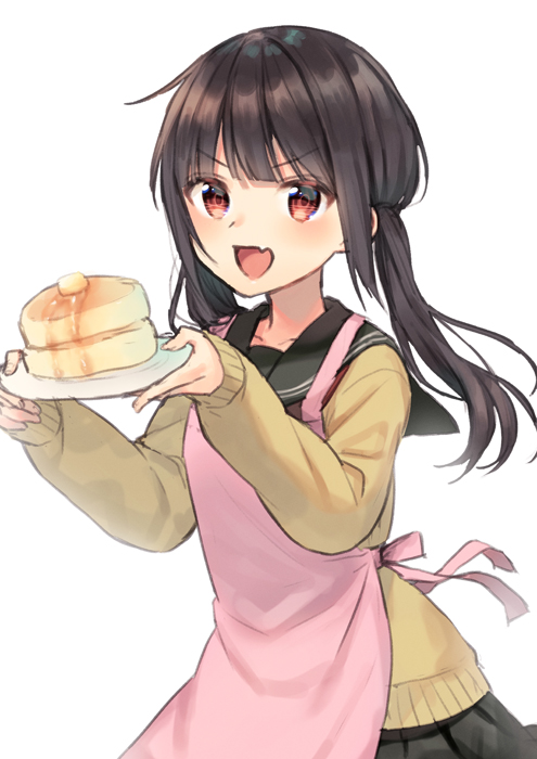 1girl :d apron bangs black_sailor_collar black_skirt blush brown_cardigan brown_hair cardigan collarbone commentary_request eyebrows_visible_through_hair fang food holding holding_plate long_hair long_sleeves looking_at_viewer low_twintails midorikawa_you open_mouth original pancake pink_apron plate pleated_skirt red_eyes sailor_collar school_uniform serafuku simple_background skirt sleeves_past_wrists smile solo twintails v-shaped_eyebrows white_background