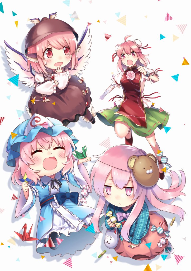 4girls ahoge bandage bandaged_arm bandages bangs bear_mask bird_wings blue_hat blue_kimono blue_shirt blush bow bowtie brown_dress brown_hat bun_cover candy chibi commentary_request crayon double_bun dress expressionless flower flying food green_skirt hat hata_no_kokoro ibaraki_kasen japanese_clothes kapuchii kimono long_hair long_sleeves mask miniskirt mob_cap multiple_girls mystia_lorelei obi open_mouth origami paper_crane pink_eyes pink_flower pink_hair pink_neckwear pink_rose pink_skirt plaid plaid_shirt puffy_long_sleeves puffy_short_sleeves puffy_sleeves red_eyes red_footwear red_ribbon ribbon ribbon-trimmed_skirt ribbon_trim rose running saigyouji_yuyuko sash shirt shoes short_sleeves simple_background skirt smile sweat sweatdrop tabard touhou triangular_headpiece white_background white_shirt wide_sleeves wings