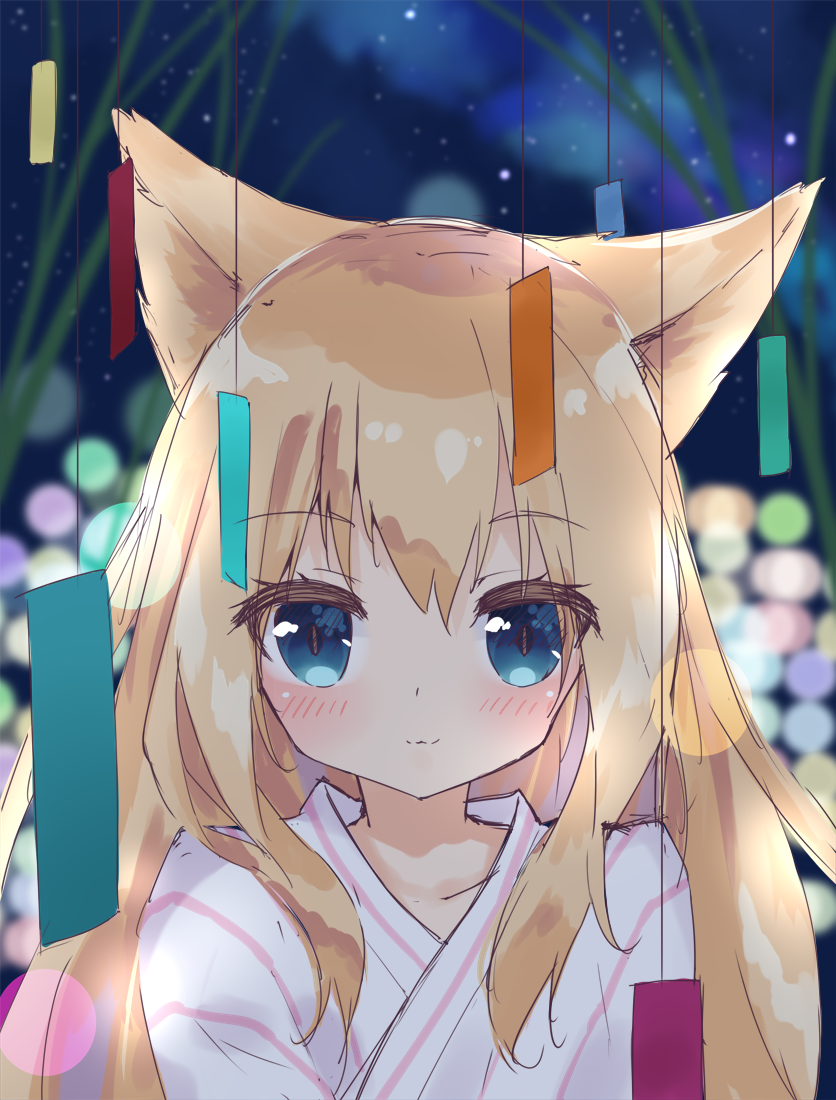 1girl animal_ears bangs blonde_hair blue_eyes blurry blurry_background blush cat_ears closed_mouth collarbone depth_of_field eyebrows_visible_through_hair hair_between_eyes hamaru_(s5625t) japanese_clothes kimono long_hair looking_at_viewer night night_sky original outdoors sky slit_pupils smile solo star_(sky) starry_sky tanabata tanzaku upper_body white_kimono