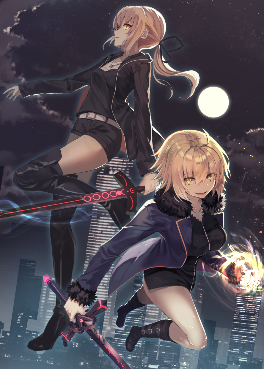 2girls artoria_pendragon_(all) belt black_footwear black_ribbon blonde_hair boots breasts brown_eyes collarbone eyebrows_visible_through_hair fate/grand_order fate_(series) hair_ribbon high_heel_boots high_heels highres holding holding_sword holding_weapon hopepe jacket jeanne_d'arc_(alter)_(fate) jeanne_d'arc_(fate)_(all) jewelry knee_boots large_breasts long_hair long_sleeves looking_at_viewer medium_breasts moon multiple_girls necklace night outdoors parted_lips ponytail ribbon saber_alter short_hair shorts smile sword thigh-highs thigh_boots weapon white_skin