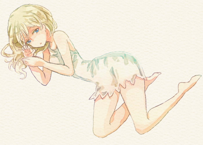 1girl blonde_hair breasts commentary_request dress green_eyes kingdom_hearts kingdom_hearts_ii long_hair looking_at_viewer namine punine solo white_dress