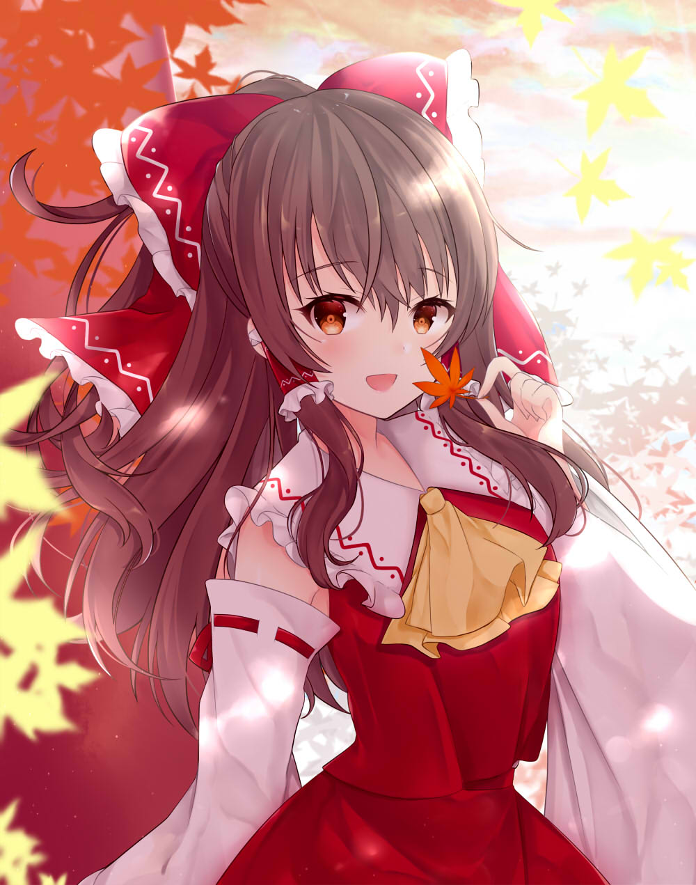 1girl ascot autumn autumn_leaves bangs bow brown_hair commentary_request detached_sleeves eyebrows_visible_through_hair floating_hair hair_between_eyes hair_bow hair_tubes hakurei_reimu hand_up highres holding holding_leaf leaf long_hair looking_at_viewer maple_leaf open_mouth orange_eyes ponytail red_bow red_skirt red_vest ribbon-trimmed_sleeves ribbon_trim sidelocks skirt skirt_set smile solo tosakaoil touhou upper_body vest yellow_neckwear