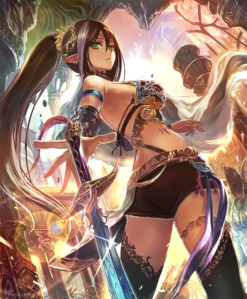 1girl artist_request brown_hair cygames earrings gold_trim green_eyes indoors jewelry long_hair looking_at_viewer looking_back multicolored_hair official_art parted_lips pointy_ears ponytail revealing_clothes scabbard shadowverse sheath shorts sword temple thigh-highs underworld_ruler_aisha weapon