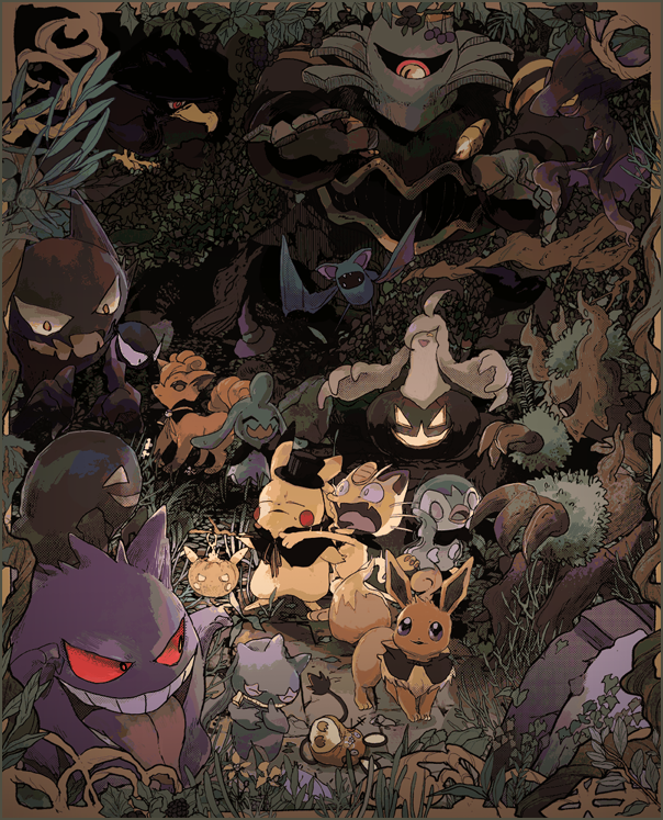 awai_(pixiv29777040) character_request creatures_(company) dusknoir eevee fainted forest game_freak gastly gen_1_pokemon gen_2_pokemon gen_3_pokemon gen_4_pokemon gen_6_pokemon gengar ghost gourgeist haunter meowth misdreavus murkrow nature night nintendo no_humans outdoors pikachu pokemon pokemon_(creature) vulpix wynaut zubat