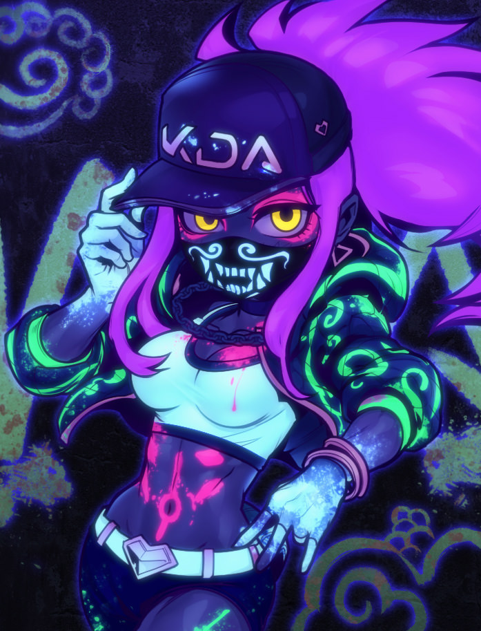 1girl akali asymmetrical_legwear baseball_cap belt breasts chain_necklace cleavage crop_top hat inverted_colors jacket k/da_akali league_of_legends long_sleeves looking_at_viewer midriff navel neon open_clothes phantom_ix_row ponytail purple_hair solo yellow_eyes